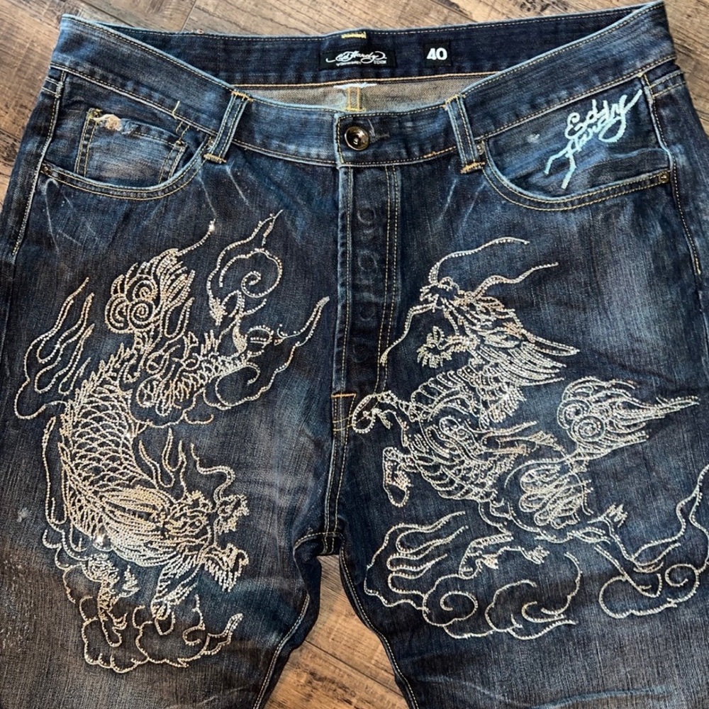 Ed Hardy Blue Relaxed Jeans with Intricate Dragon Embroidery